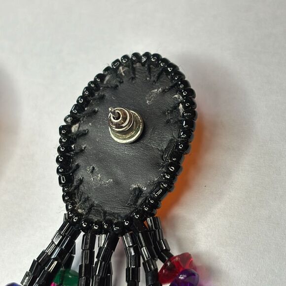 Orange acrylic and black multicolored seed bead statement dangle earrings - Picture 6 of 7